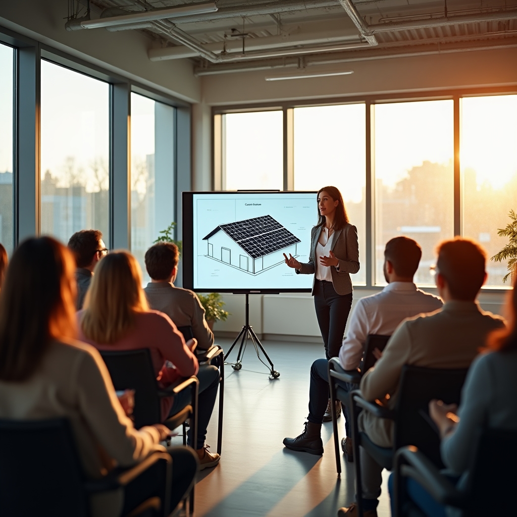 Grupo de vecinos asistiendo a una sesión formativa sobre energía solar en un aula luminosa