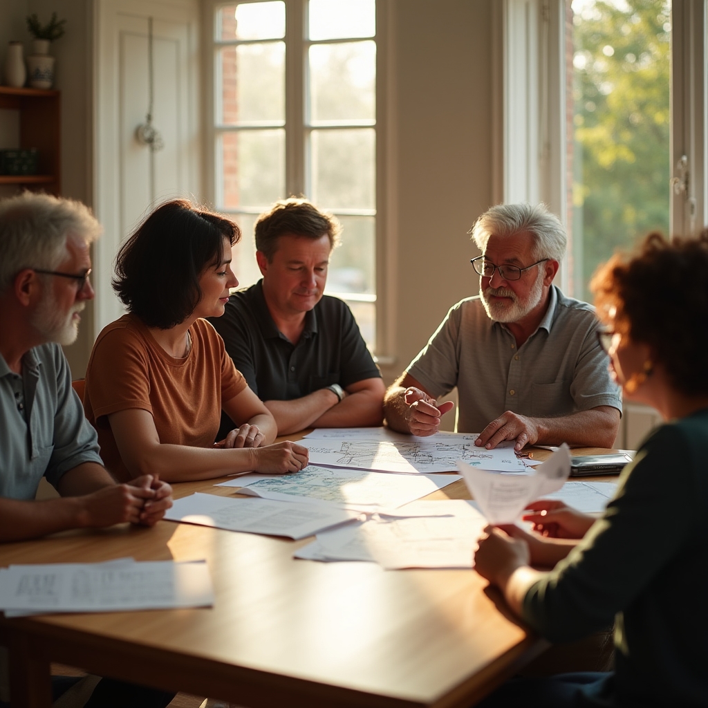 Vecinos reunidos revisando documentación sobre un proyecto de autoconsumo colectivo