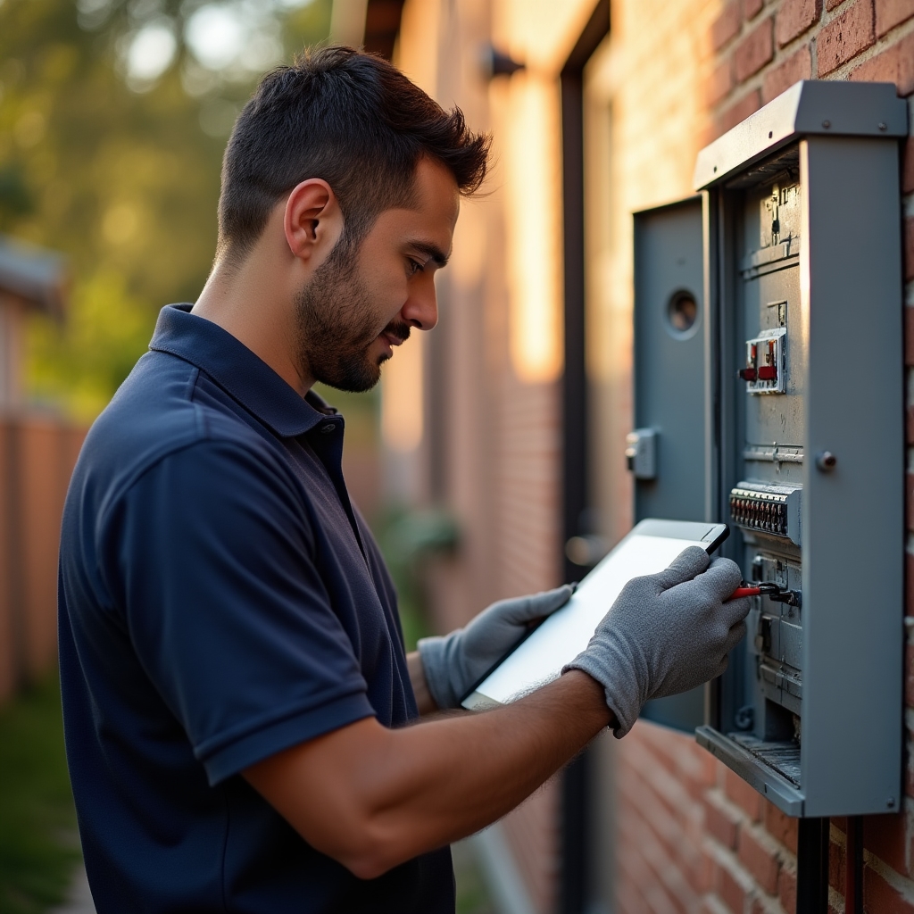 Técnico revisando un cuadro eléctrico de conexión a la red de distribución