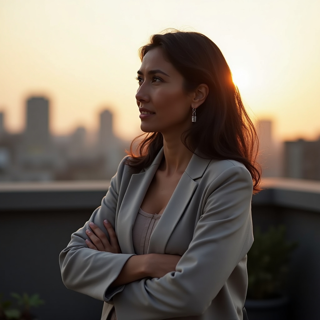 Persona responsable de contenidos del programa en una terraza urbana, con expresión reflexiva